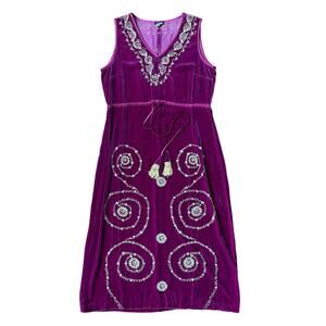 100% Silk Pink Velvet Midi Dress Gold Cording Tassels V Neck Tie Waist S Boho
